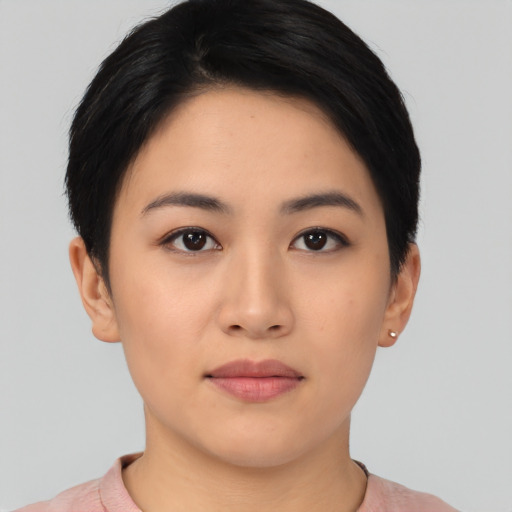 Neutral asian young-adult female with short  black hair and brown eyes
