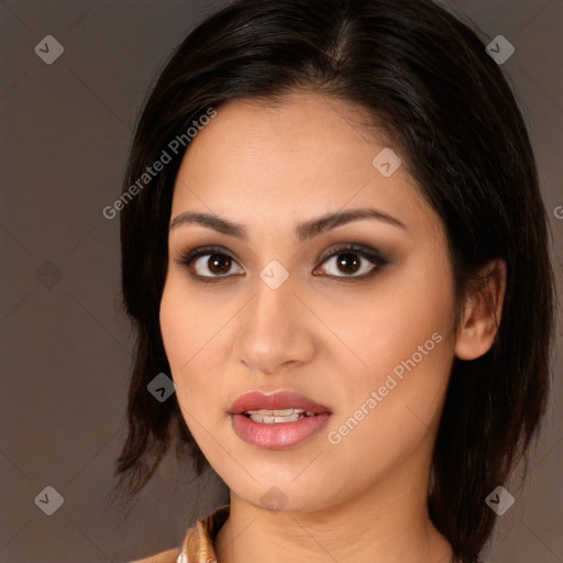 Joyful white young-adult female with medium  brown hair and brown eyes