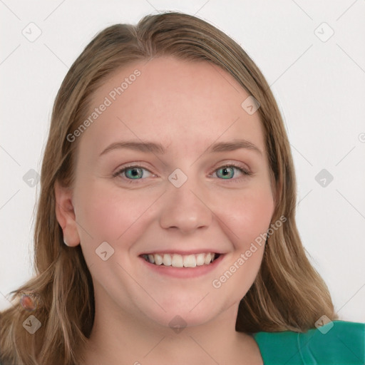 Joyful white young-adult female with long  brown hair and blue eyes