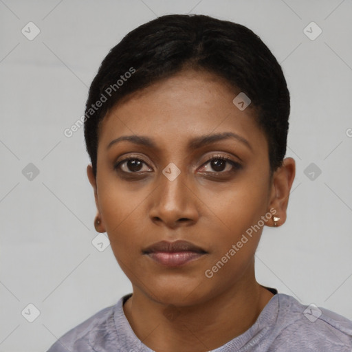 Neutral black young-adult female with short  black hair and brown eyes