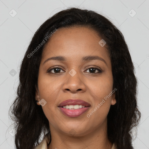 Joyful latino young-adult female with long  brown hair and brown eyes