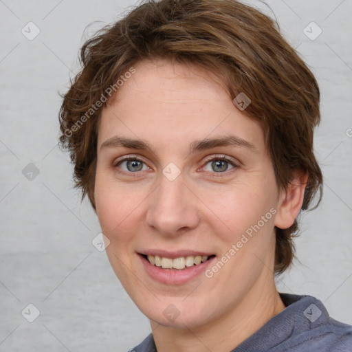 Joyful white young-adult female with medium  brown hair and blue eyes