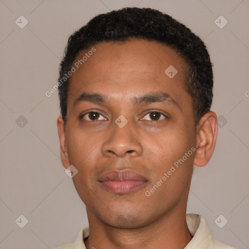 Neutral black young-adult male with short  black hair and brown eyes