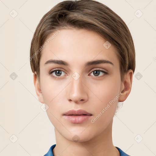 Neutral white young-adult female with short  brown hair and brown eyes