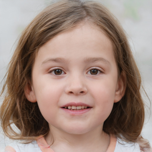 Joyful white child female with medium  brown hair and blue eyes