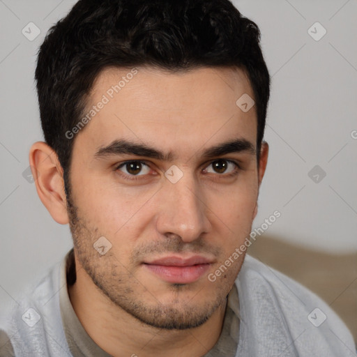 Neutral white young-adult male with short  brown hair and brown eyes