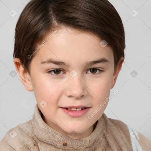 Joyful white child female with short  brown hair and brown eyes