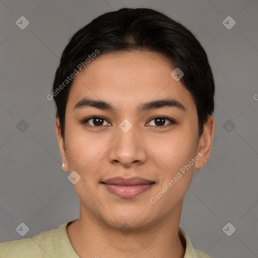 Joyful latino young-adult female with short  brown hair and brown eyes