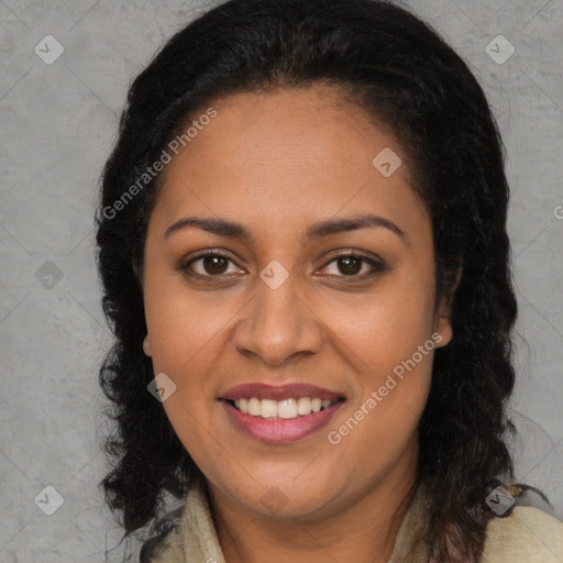 Joyful latino young-adult female with long  brown hair and brown eyes