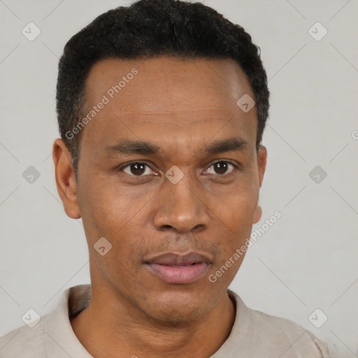 Neutral black young-adult male with short  black hair and brown eyes