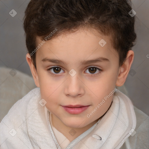 Joyful white child female with short  brown hair and brown eyes