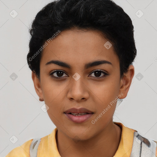 Joyful asian young-adult female with short  black hair and brown eyes