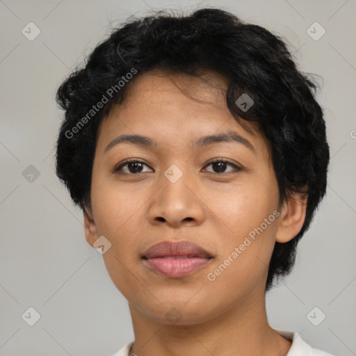 Neutral latino young-adult female with short  black hair and brown eyes