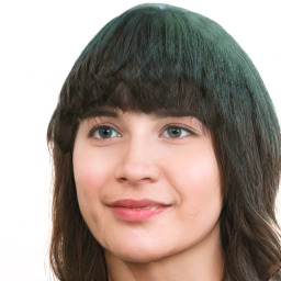 Joyful white young-adult female with long  brown hair and green eyes