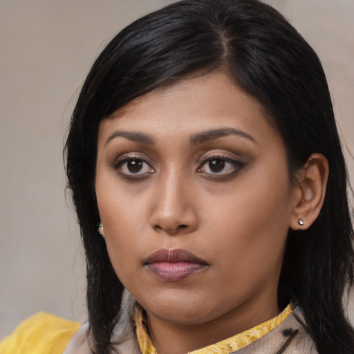 Neutral asian young-adult female with medium  black hair and brown eyes