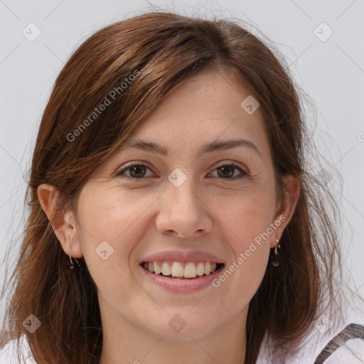 Joyful white young-adult female with medium  brown hair and brown eyes