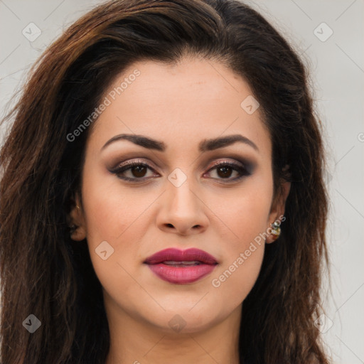 Joyful white young-adult female with long  brown hair and brown eyes