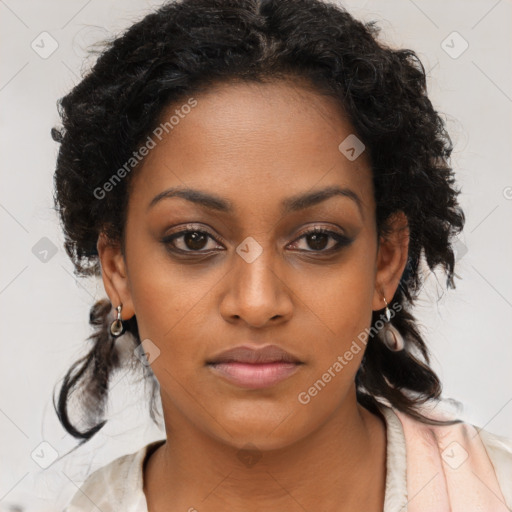 Neutral black young-adult female with medium  brown hair and brown eyes