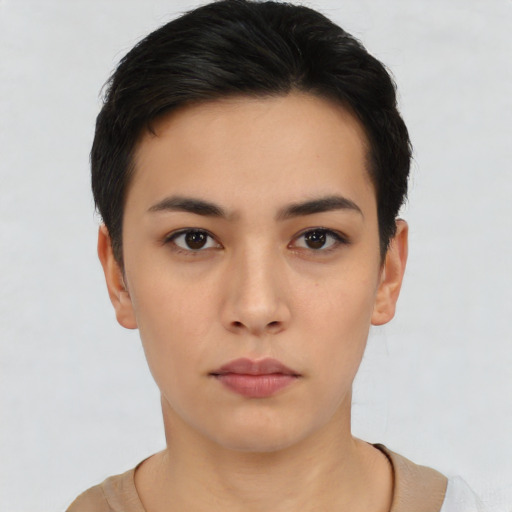 Neutral asian young-adult female with short  black hair and brown eyes