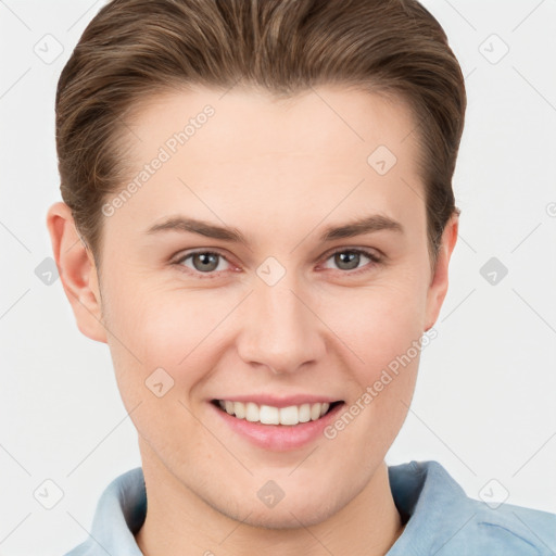 Joyful white young-adult female with short  brown hair and grey eyes