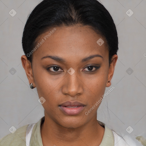 Neutral latino young-adult female with short  brown hair and brown eyes