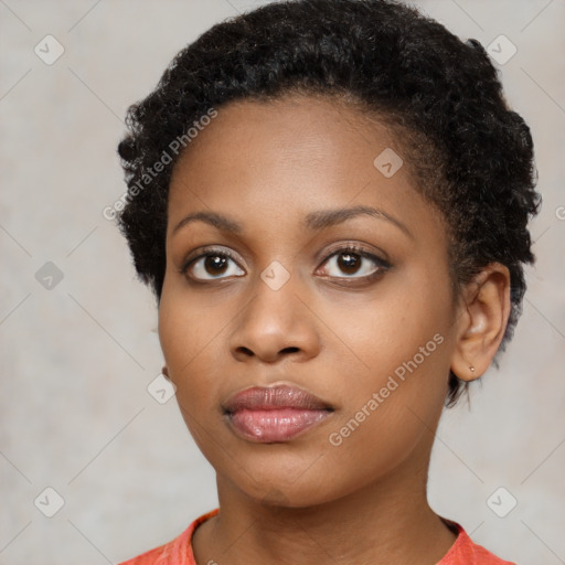 Neutral black young-adult female with short  black hair and brown eyes