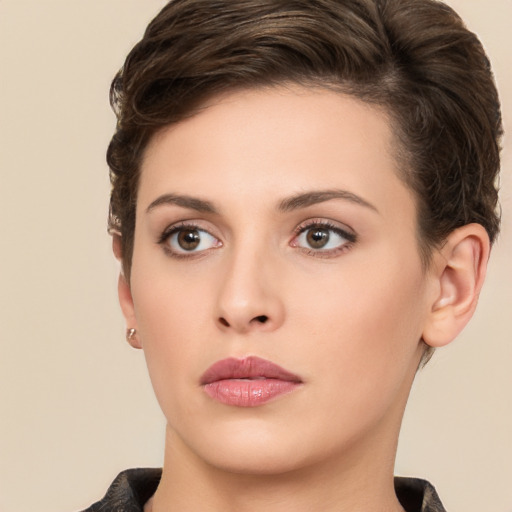 Neutral white young-adult female with short  brown hair and brown eyes