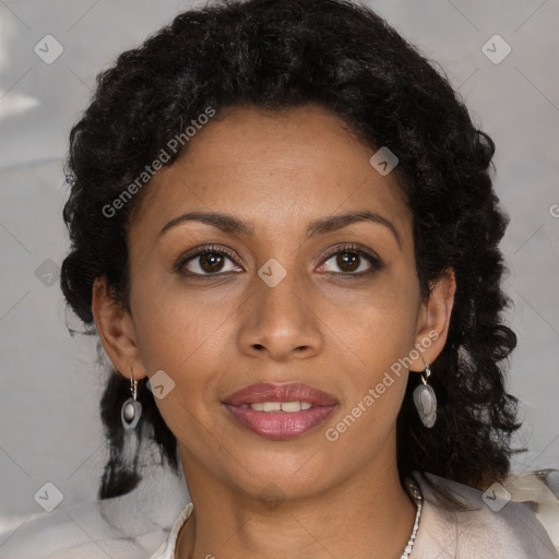 Joyful black young-adult female with long  brown hair and brown eyes