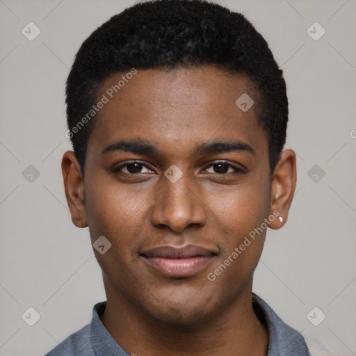 Joyful black young-adult male with short  black hair and brown eyes