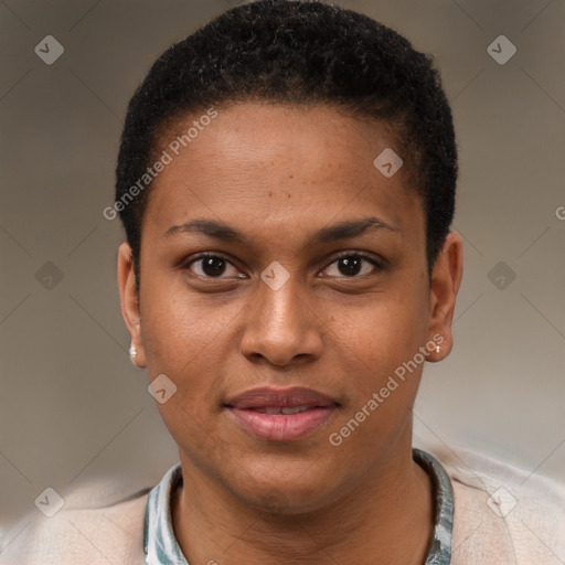 Joyful black young-adult female with short  brown hair and brown eyes