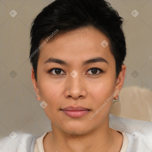 Joyful asian young-adult female with short  brown hair and brown eyes