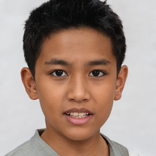 Joyful asian child male with short  brown hair and brown eyes