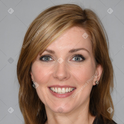 Joyful white young-adult female with medium  brown hair and blue eyes