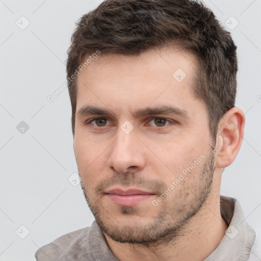 Neutral white young-adult male with short  brown hair and brown eyes