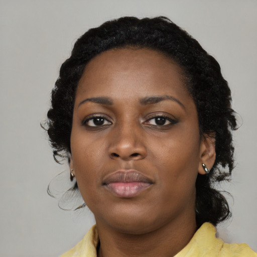 Neutral black young-adult female with medium  black hair and brown eyes