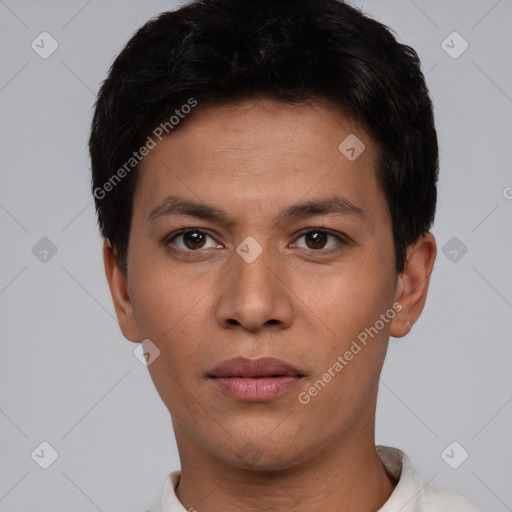 Neutral white young-adult male with short  black hair and brown eyes