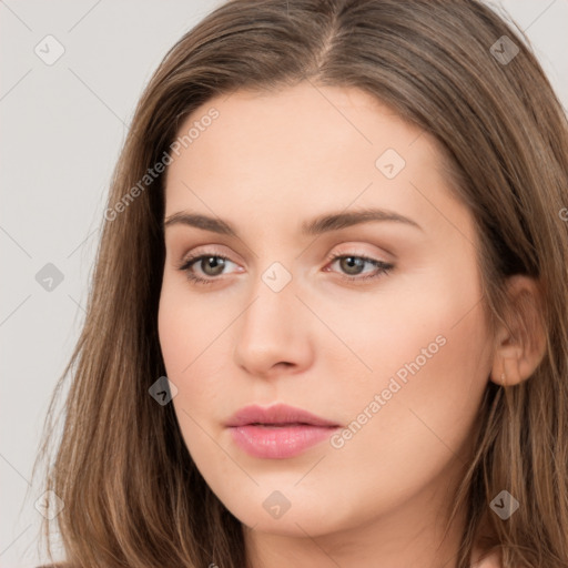 Neutral white young-adult female with long  brown hair and brown eyes