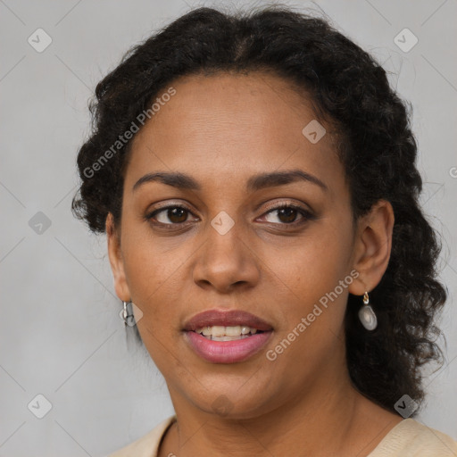 Joyful latino adult female with short  brown hair and brown eyes