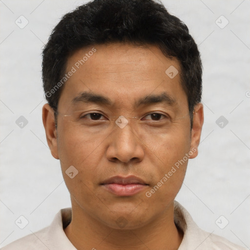 Neutral asian young-adult male with short  brown hair and brown eyes