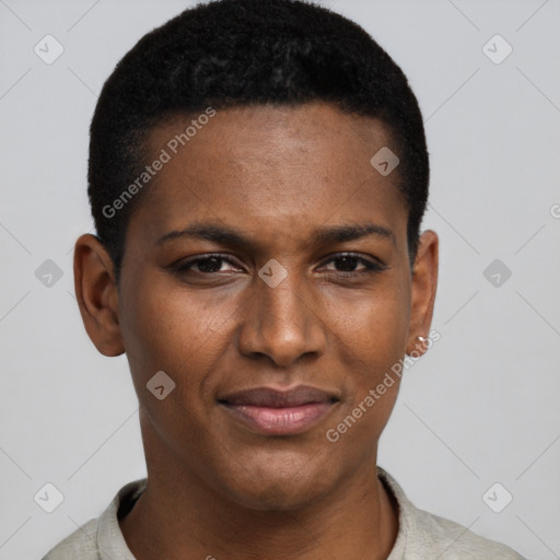 Joyful black young-adult female with short  black hair and brown eyes