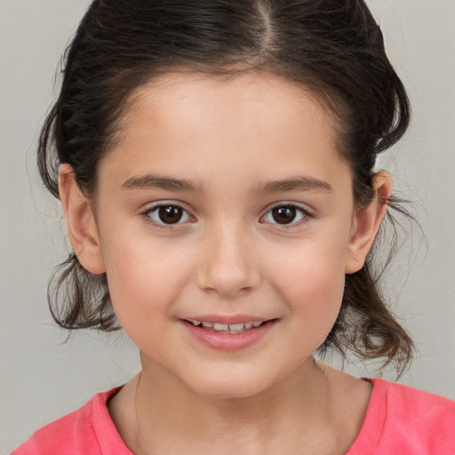 Joyful white child female with medium  brown hair and brown eyes