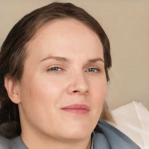 Neutral white adult female with medium  brown hair and grey eyes