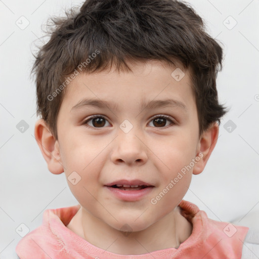 Joyful white child male with short  brown hair and brown eyes