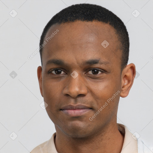 Neutral black young-adult male with short  black hair and brown eyes