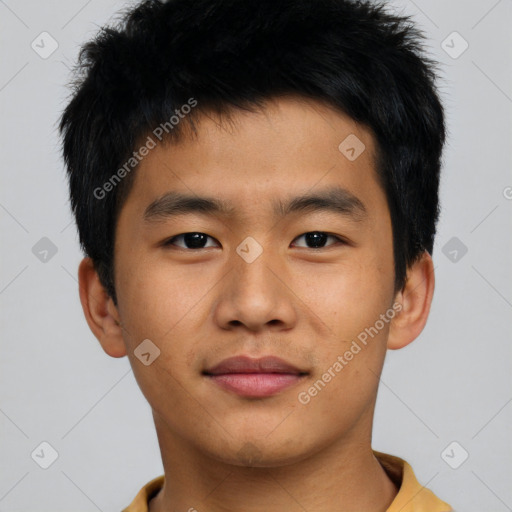 Neutral asian young-adult male with short  black hair and brown eyes