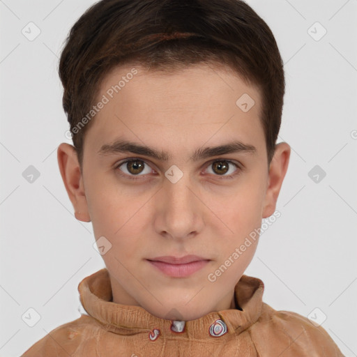 Neutral white young-adult male with short  brown hair and brown eyes