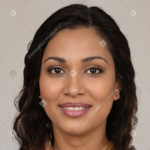 Joyful latino young-adult female with long  brown hair and brown eyes