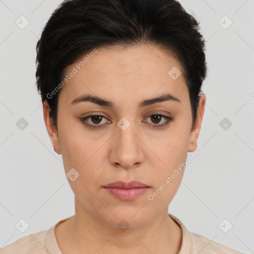 Neutral white young-adult female with short  brown hair and brown eyes