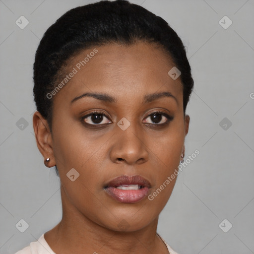 Neutral black young-adult female with short  brown hair and brown eyes