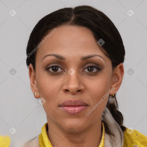 Joyful latino young-adult female with short  brown hair and brown eyes